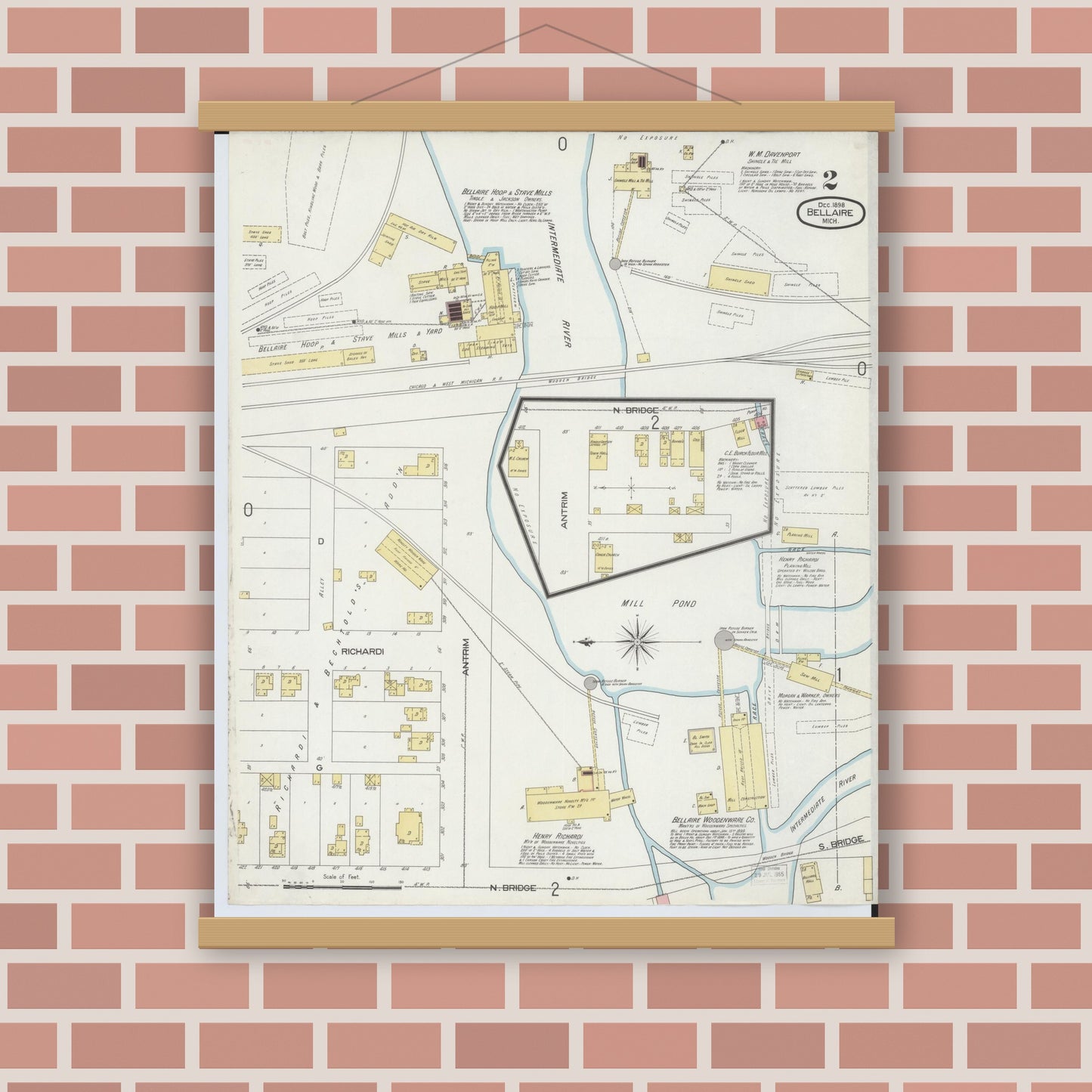 Old map wall art mockup — magnetic wood frame on brick wall — Sanborn Fire Insurance Map from Bellaire, Antrim County, Michigan (1898), Sheet #0002