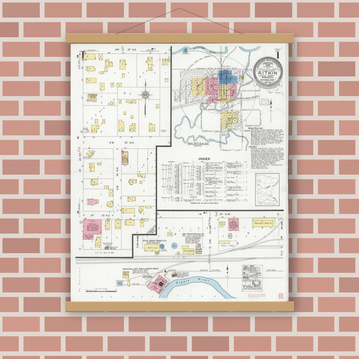 Old map wall art mockup — magnetic wood frame on brick wall — Sanborn Fire Insurance Map from Aitkin, Aitkin County, Minnesota (1929) - Complete Map Set