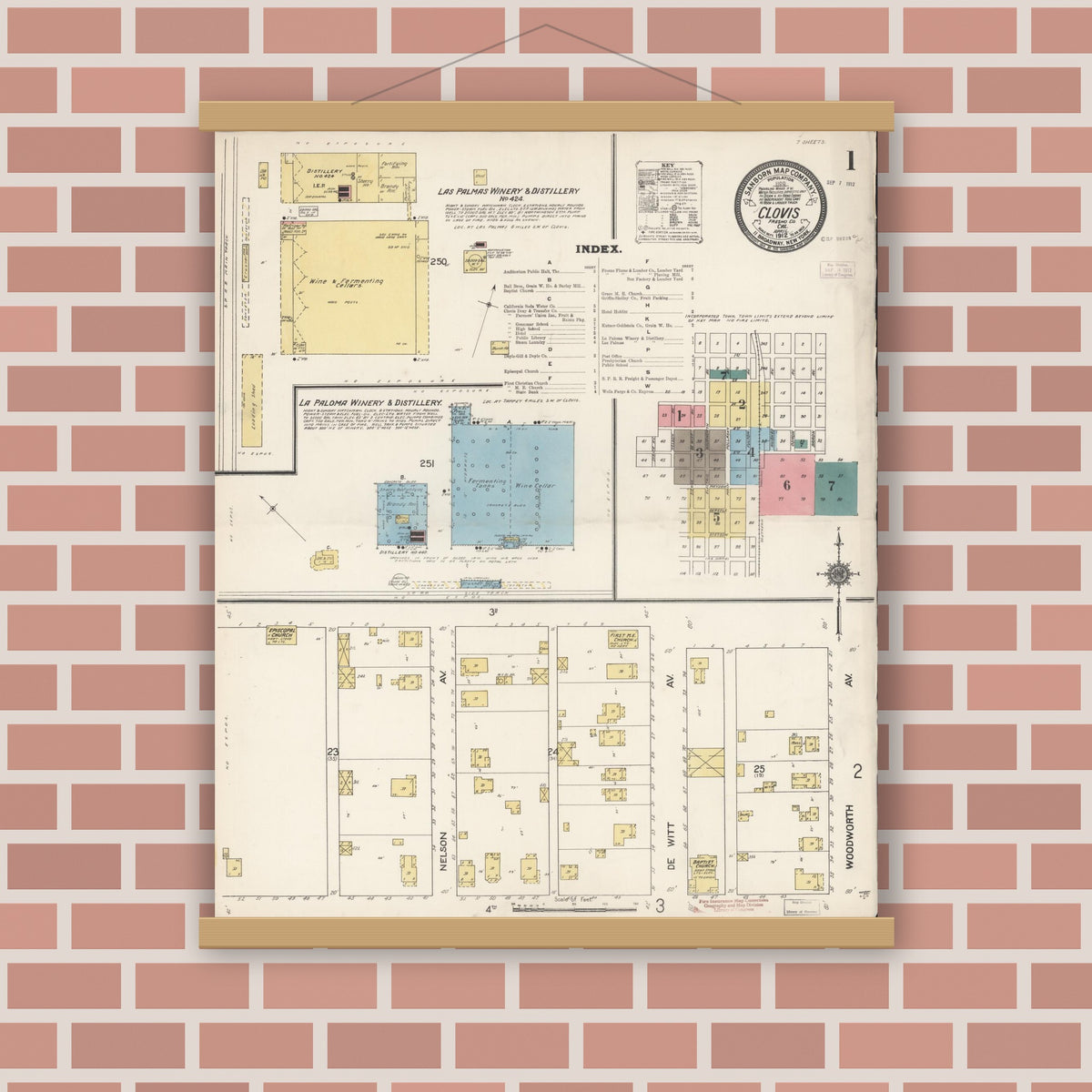 Old map wall art mockup — magnetic wood frame on brick wall — Sanborn Fire Insurance Map from Clovis, Fresno County, California (1912) - Complete Map Set