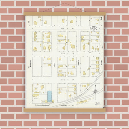 Old map wall art mockup — magnetic wood frame on brick wall — Sanborn Fire Insurance Map from Taylor, Williamson County, Texas (1898), Sheet #0002