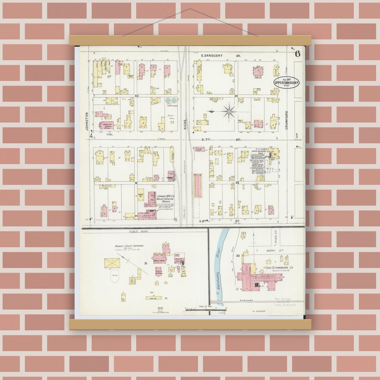 Old map wall art mockup — magnetic wood frame on brick wall — Sanborn Fire Insurance Map from Upper Sandusky, Wyandot County, Ohio (1897), Sheet #0006