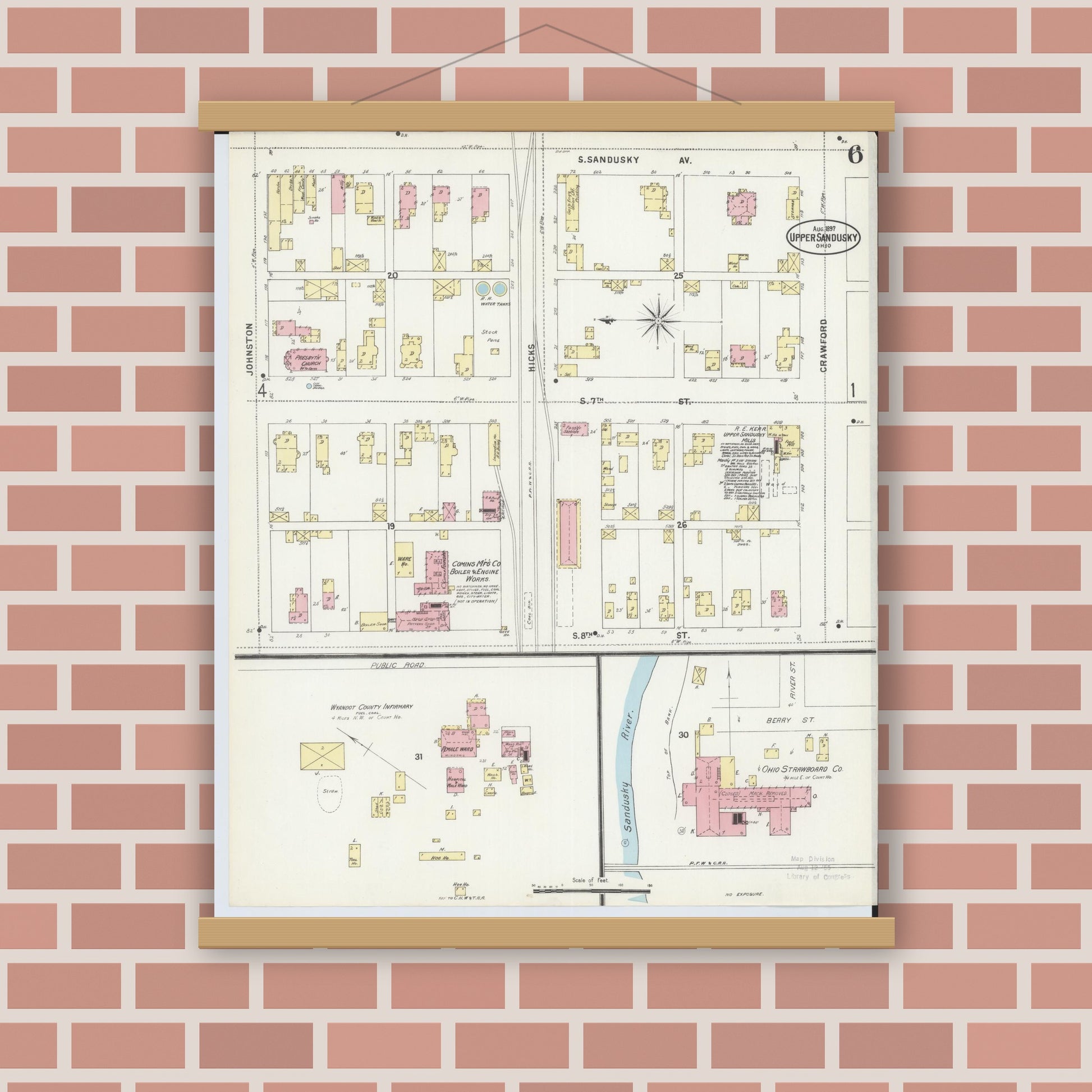 Old map wall art mockup — magnetic wood frame on brick wall — Sanborn Fire Insurance Map from Upper Sandusky, Wyandot County, Ohio (1897), Sheet #0006