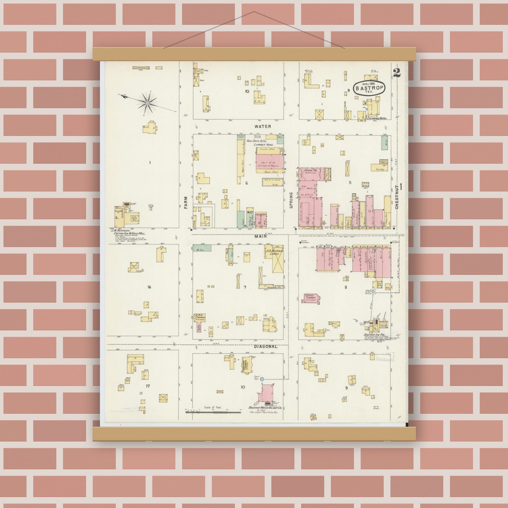 Old map wall art mockup — magnetic wood frame on brick wall — Sanborn Fire Insurance Map from Bastrop, Bastrop County, Texas (1896), Sheet #0002