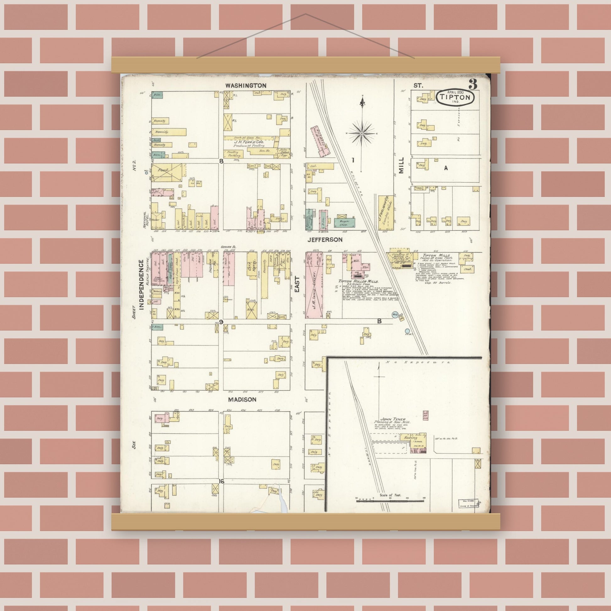 Old map wall art mockup — magnetic wood frame on brick wall — Sanborn Fire Insurance Map from Tipton, Tipton County, Indiana (1890), Sheet #0003