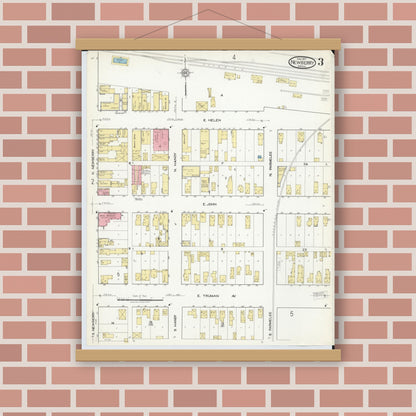 Old map wall art mockup — magnetic wood frame on brick wall — Sanborn Fire Insurance Map from Newberry, Luce County, Michigan (1917), Sheet #0003