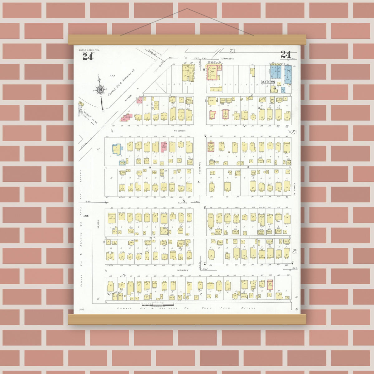Old map wall art mockup — magnetic wood frame on brick wall — Sanborn Fire Insurance Map from Goose Creek, Harris County, Texas (1939), Sheet #0024