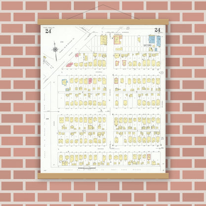 Old map wall art mockup — magnetic wood frame on brick wall — Sanborn Fire Insurance Map from Goose Creek, Harris County, Texas (1939), Sheet #0024