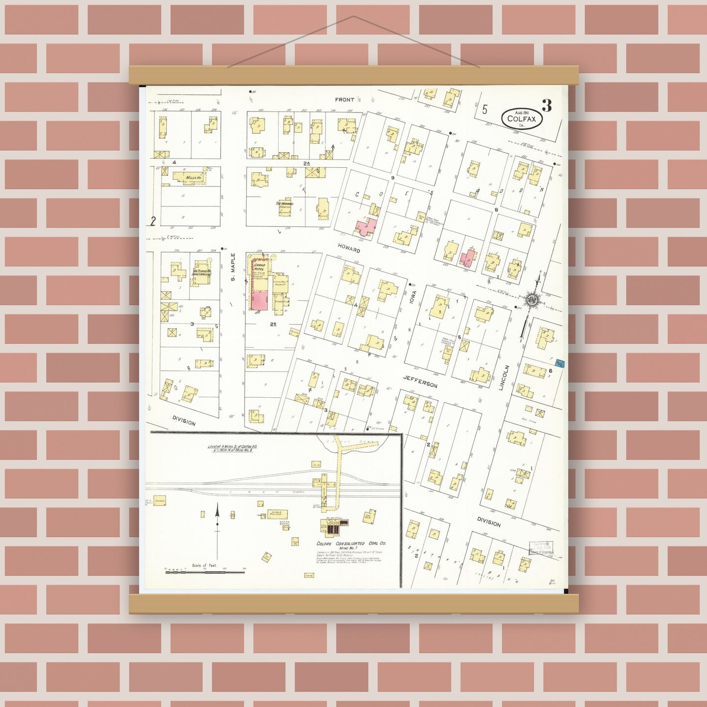 Old map wall art mockup — magnetic wood frame on brick wall — Sanborn Fire Insurance Map from Colfax, Jasper County, Iowa (1911), Sheet #0003