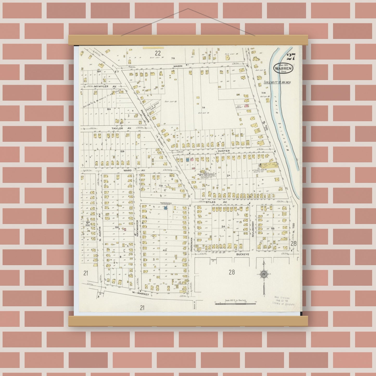 Old map wall art mockup — magnetic wood frame on brick wall — Sanborn Fire Insurance Map from Warren, Trumbull County, Ohio (1915), Sheet #0027