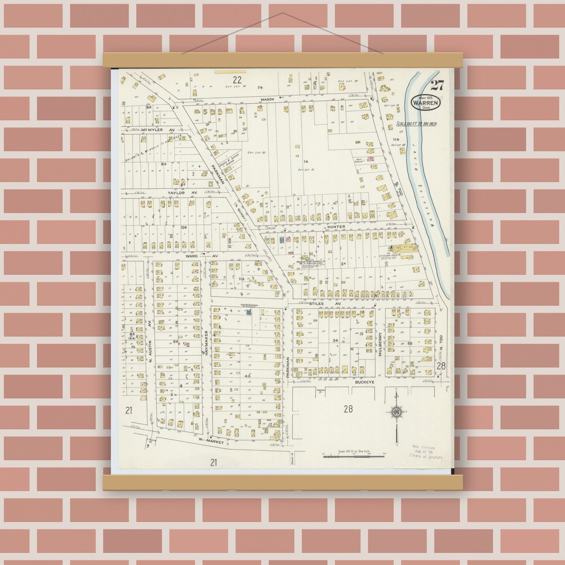 Old map wall art mockup — magnetic wood frame on brick wall — Sanborn Fire Insurance Map from Warren, Trumbull County, Ohio (1915), Sheet #0027