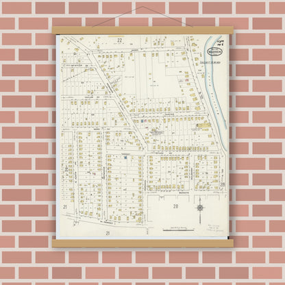 Old map wall art mockup — magnetic wood frame on brick wall — Sanborn Fire Insurance Map from Warren, Trumbull County, Ohio (1915), Sheet #0027