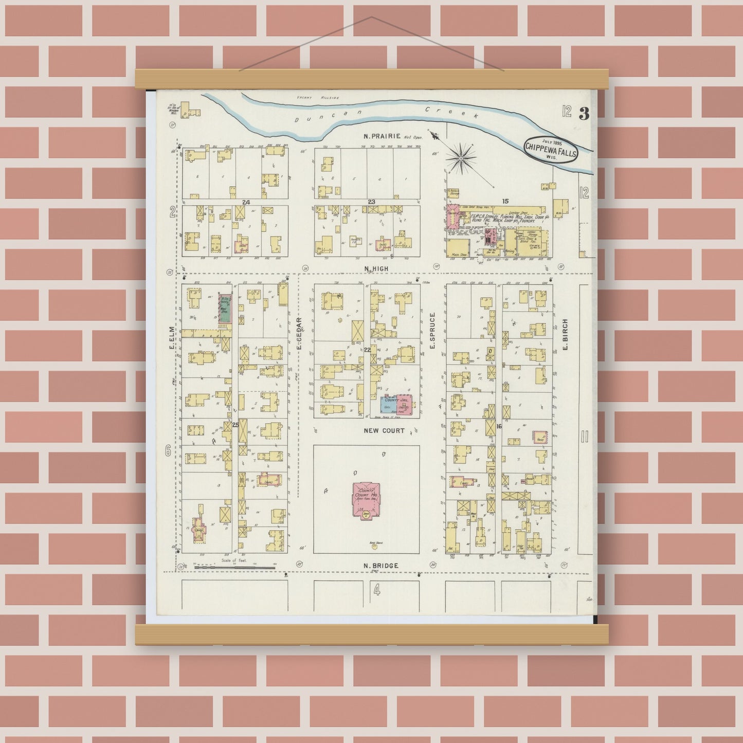 Old map wall art mockup — magnetic wood frame on brick wall — Sanborn Fire Insurance Map from Chippewa Falls, Chippewa County, Wisconsin (1895), Sheet #0003