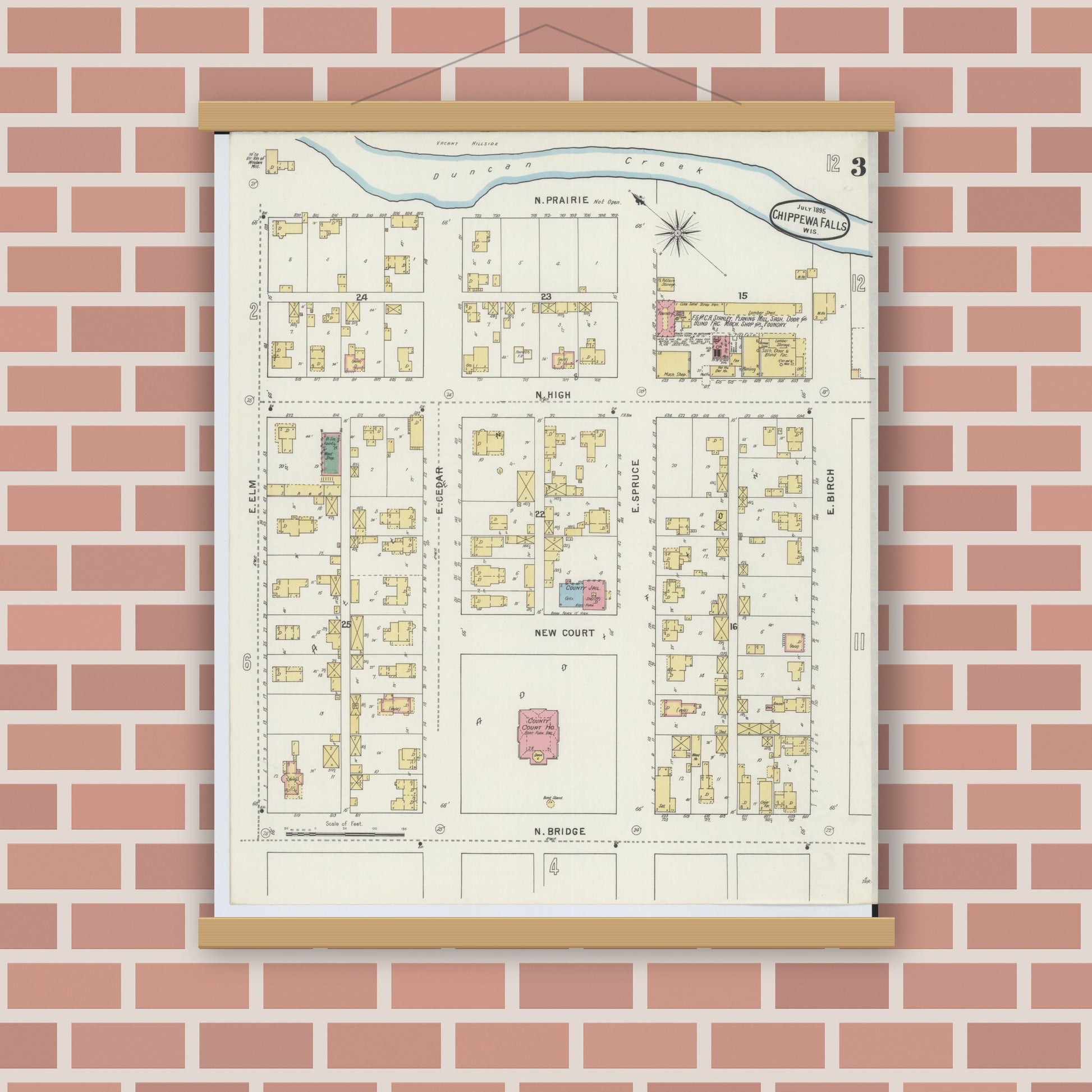 Old map wall art mockup — magnetic wood frame on brick wall — Sanborn Fire Insurance Map from Chippewa Falls, Chippewa County, Wisconsin (1895), Sheet #0003