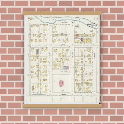 Old map wall art mockup — magnetic wood frame on brick wall — Sanborn Fire Insurance Map from Chippewa Falls, Chippewa County, Wisconsin (1895), Sheet #0003