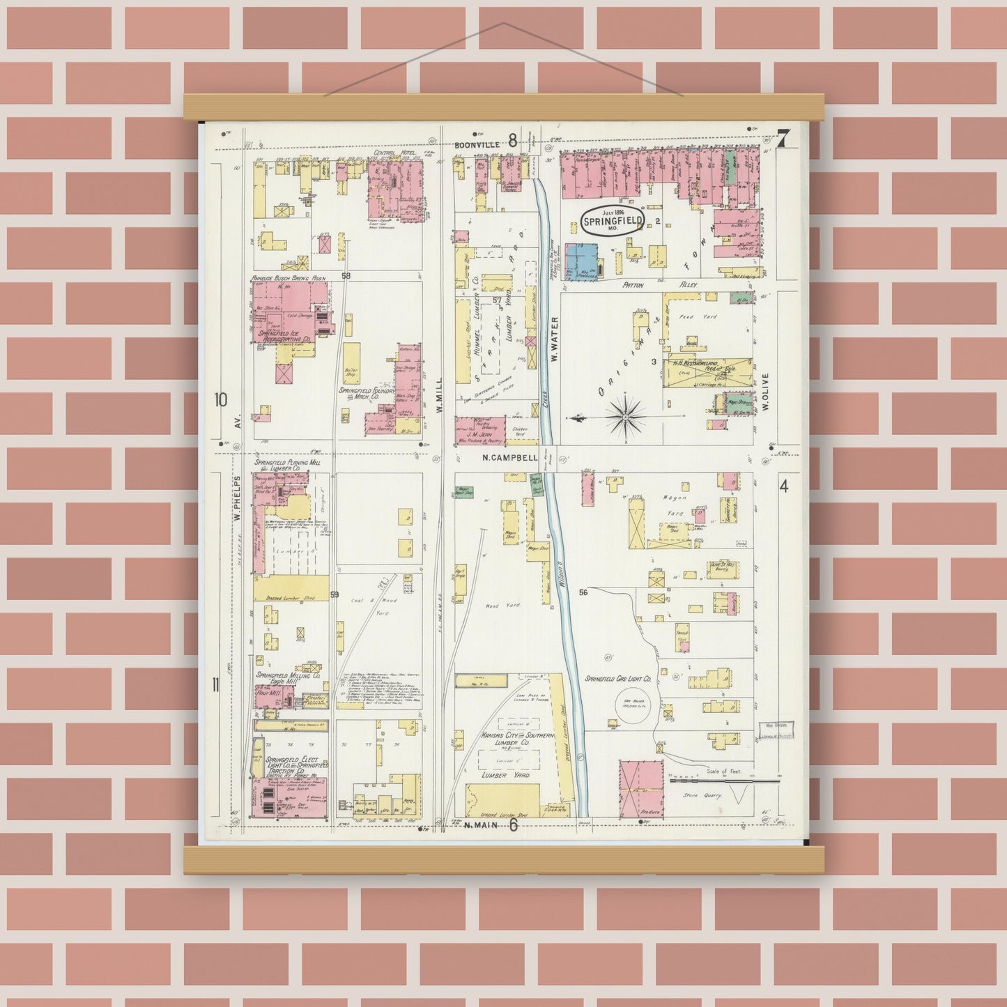 Old map wall art mockup — magnetic wood frame on brick wall — Sanborn Fire Insurance Map from Springfield, Greene County, Missouri (1896), Sheet #0007