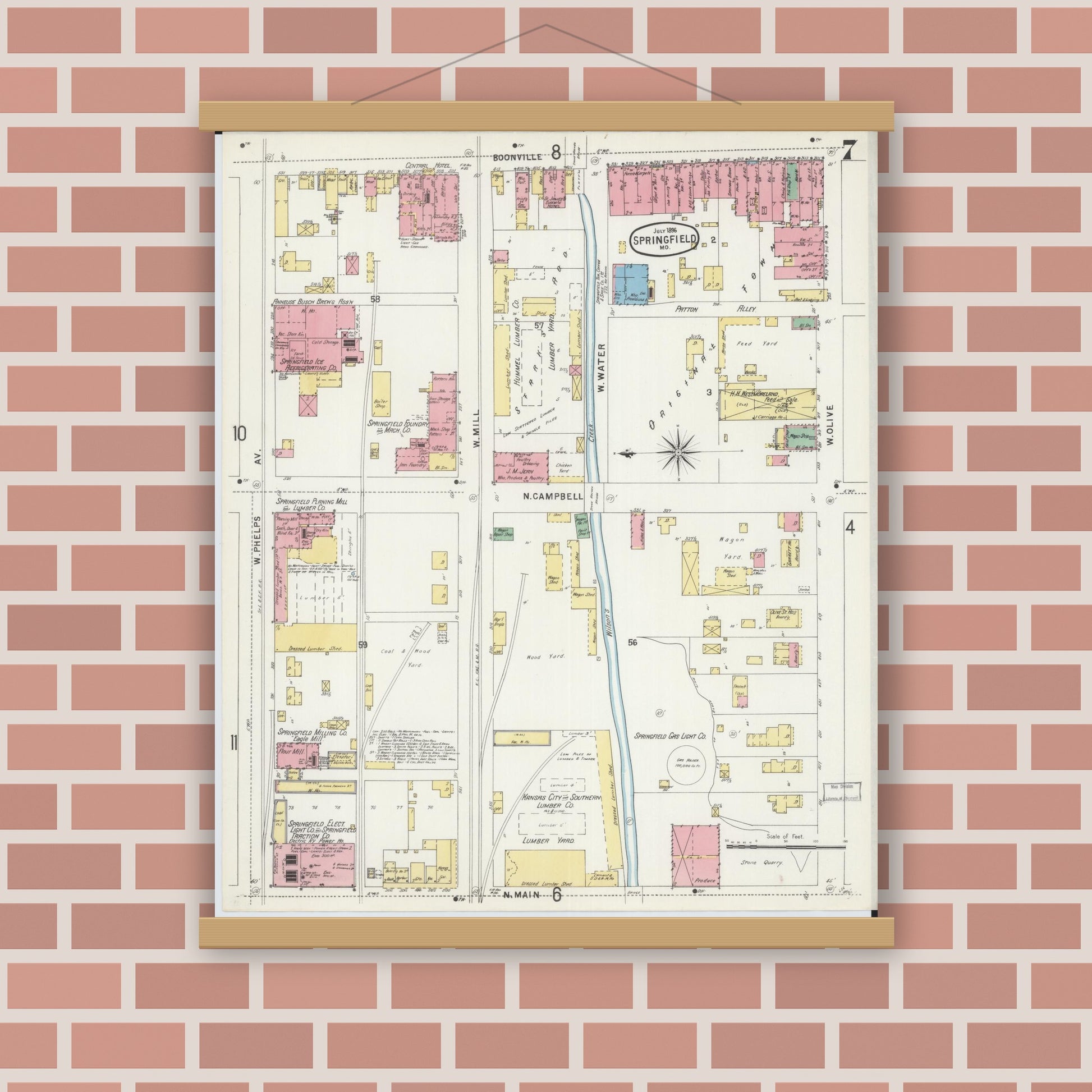 Old map wall art mockup — magnetic wood frame on brick wall — Sanborn Fire Insurance Map from Springfield, Greene County, Missouri (1896), Sheet #0007
