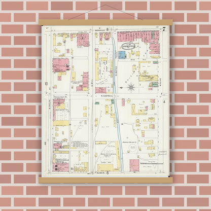 Old map wall art mockup — magnetic wood frame on brick wall — Sanborn Fire Insurance Map from Springfield, Greene County, Missouri (1896), Sheet #0007