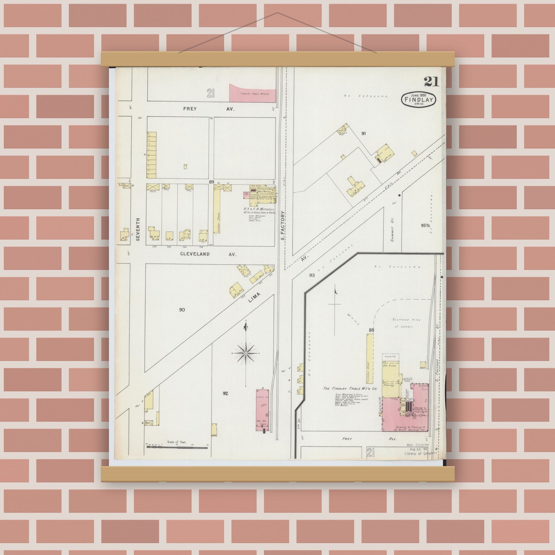 Old map wall art mockup — magnetic wood frame on brick wall — Sanborn Fire Insurance Map from Findlay, Hancock County, Ohio (1895), Sheet #0021