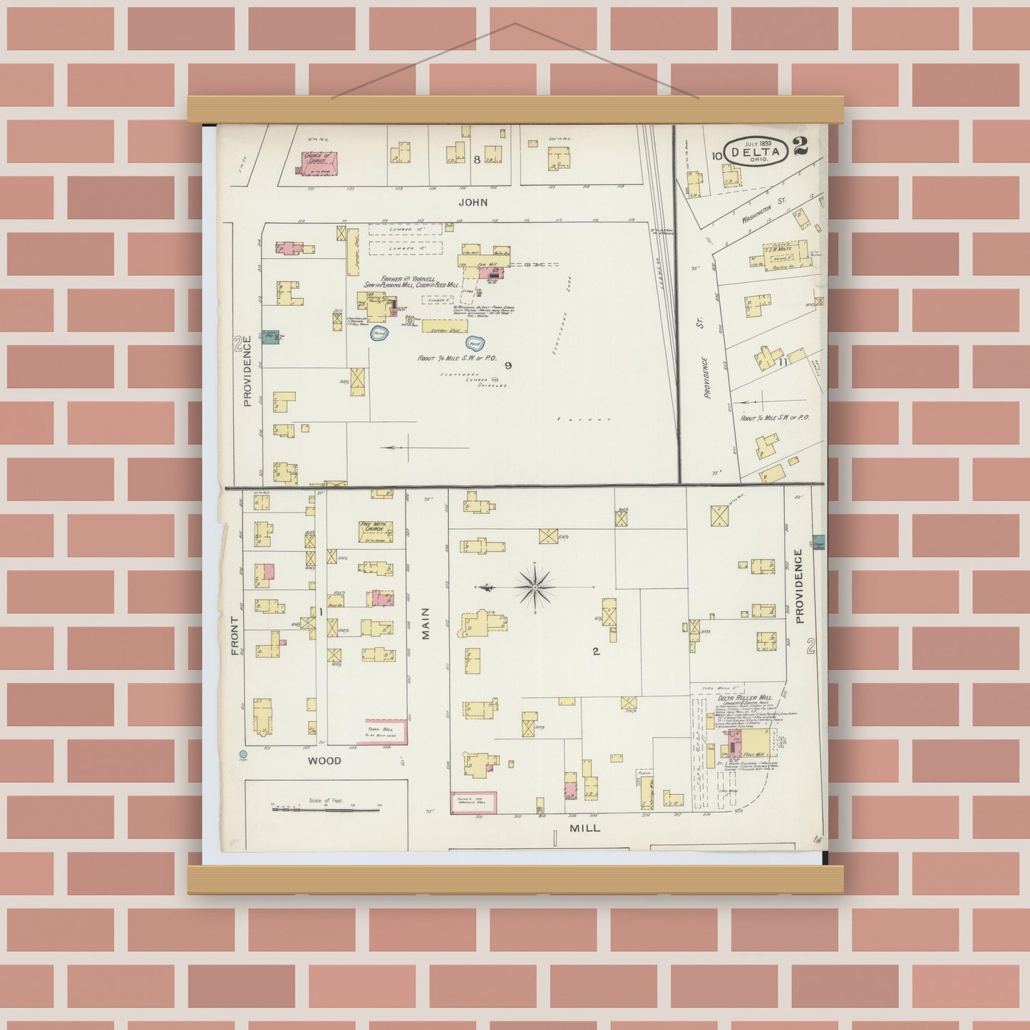 Old map wall art mockup — magnetic wood frame on brick wall — Sanborn Fire Insurance Map from Delta, Fulton County, Ohio (1893), Sheet #0002