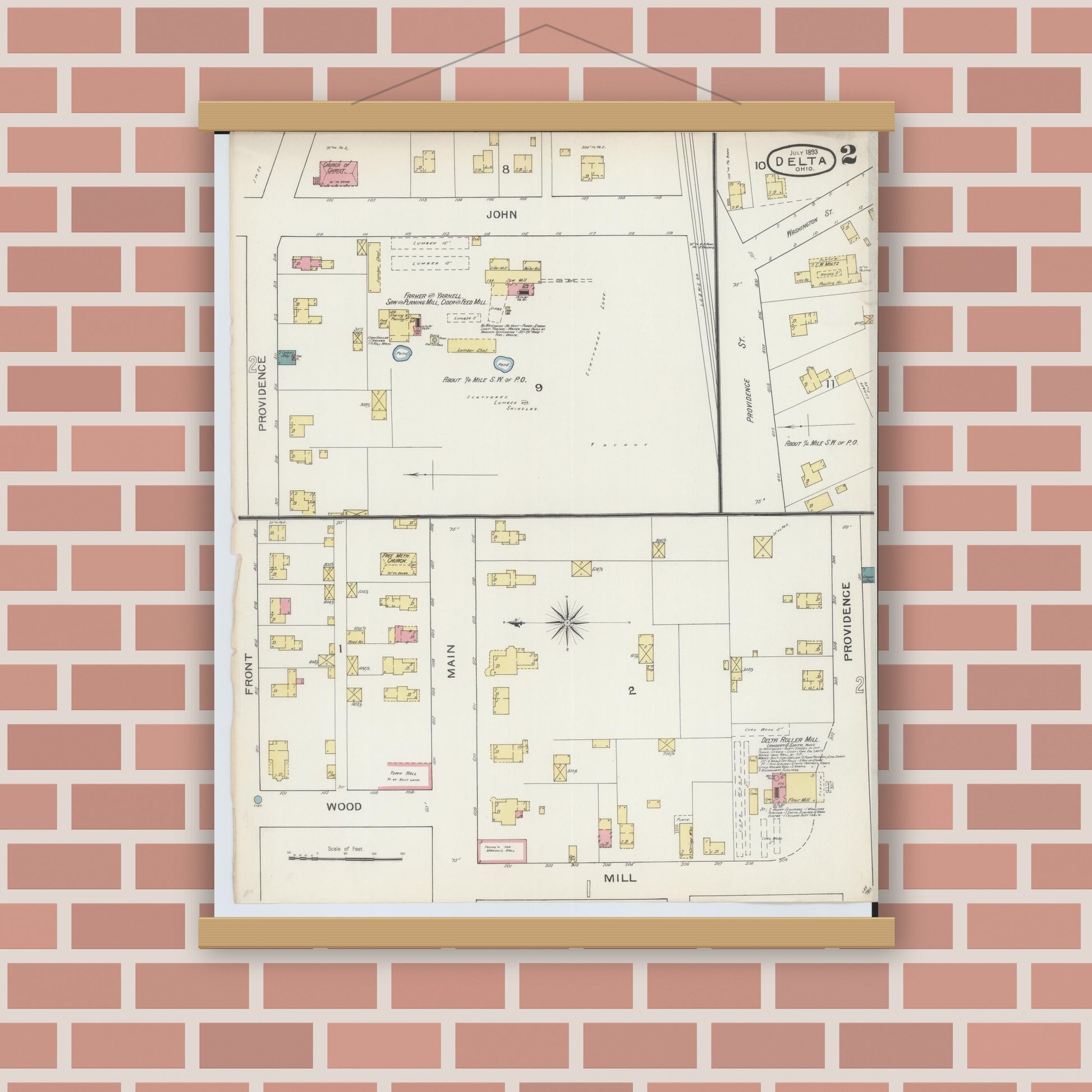 Old map wall art mockup — magnetic wood frame on brick wall — Sanborn Fire Insurance Map from Delta, Fulton County, Ohio (1893), Sheet #0002