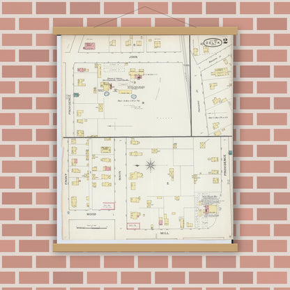 Old map wall art mockup — magnetic wood frame on brick wall — Sanborn Fire Insurance Map from Delta, Fulton County, Ohio (1893), Sheet #0002