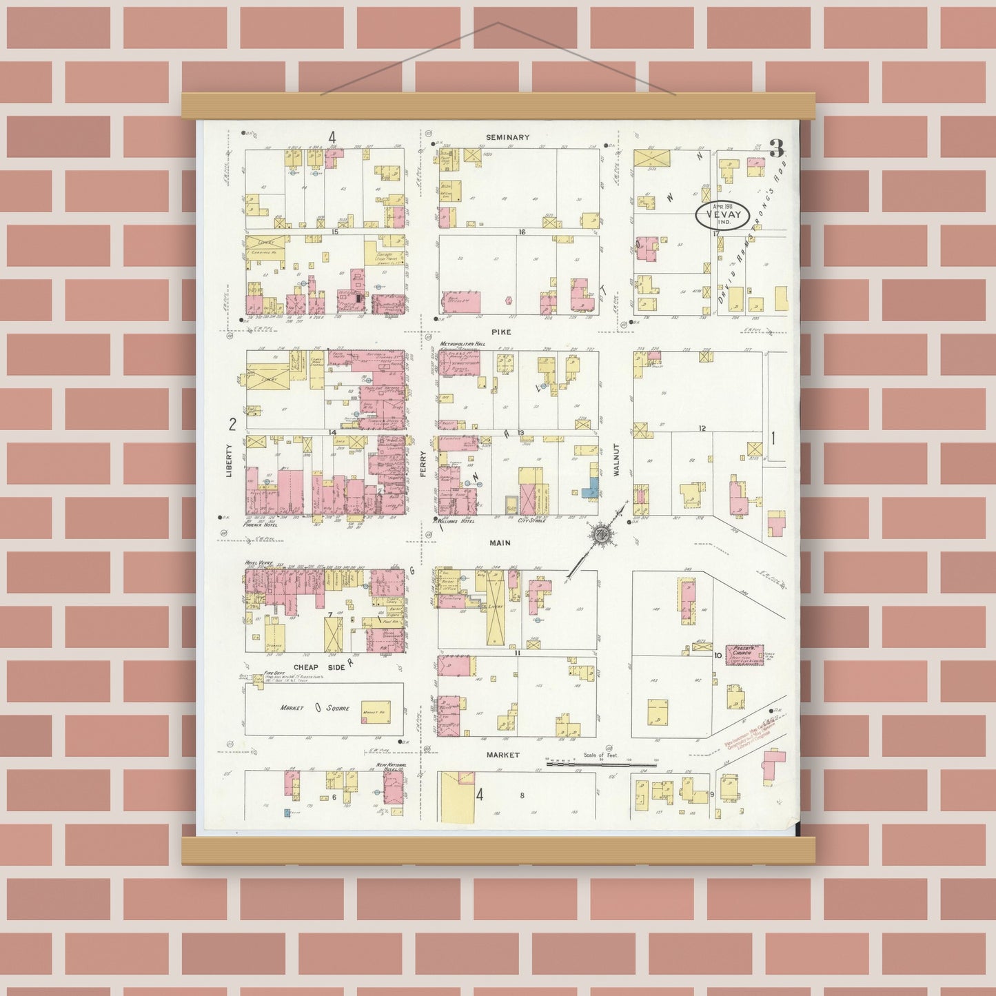 Old map wall art mockup — magnetic wood frame on brick wall — Sanborn Fire Insurance Map from Vevay, Switzerland County, Indiana (1911), Sheet #0003