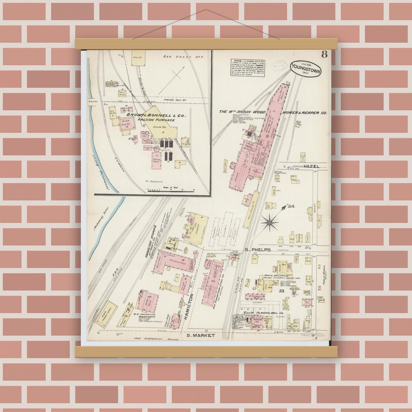 Old map wall art mockup — magnetic wood frame on brick wall — Sanborn Fire Insurance Map from Youngstown, Mahoning County, Ohio (1884), Sheet #0008