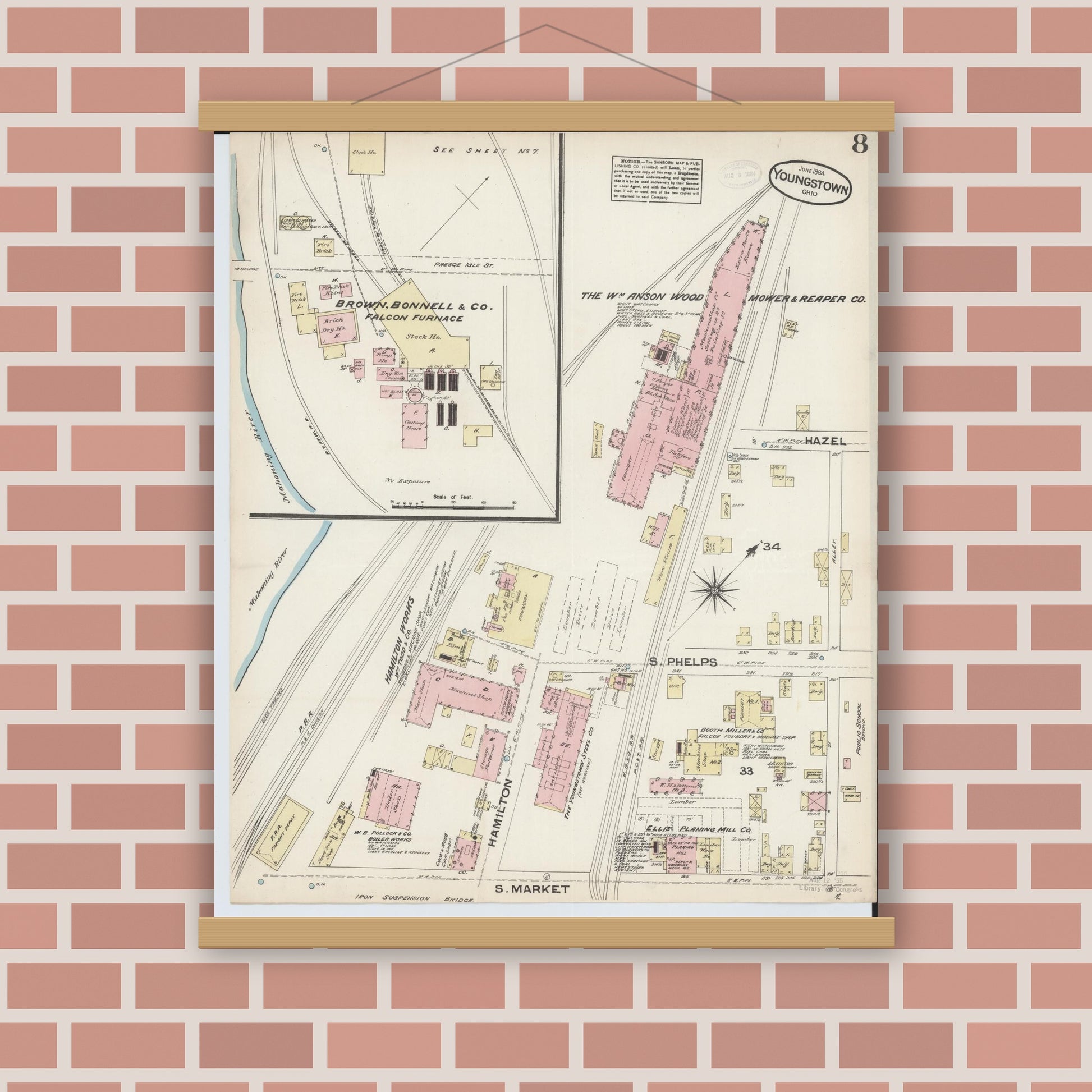 Old map wall art mockup — magnetic wood frame on brick wall — Sanborn Fire Insurance Map from Youngstown, Mahoning County, Ohio (1884), Sheet #0008