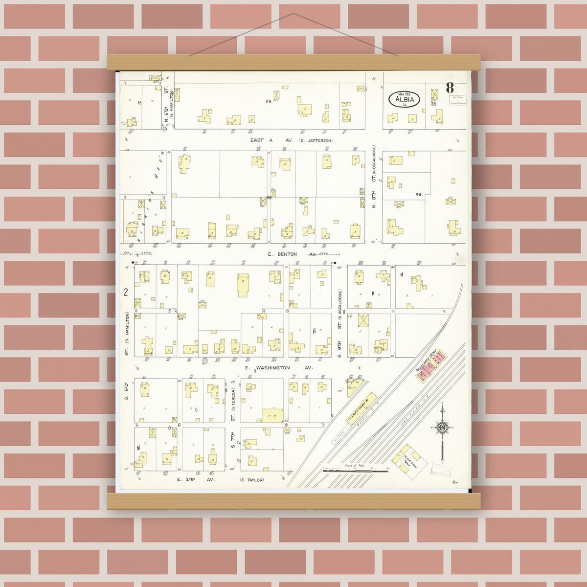 Old map wall art mockup — magnetic wood frame on brick wall — Sanborn Fire Insurance Map from Albia, Monroe County, Iowa (1913), Sheet #0008