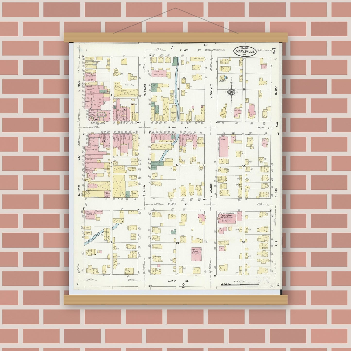 Old map wall art mockup — magnetic wood frame on brick wall — Sanborn Fire Insurance Map from Marysville, Union County, Ohio (1910), Sheet #0007
