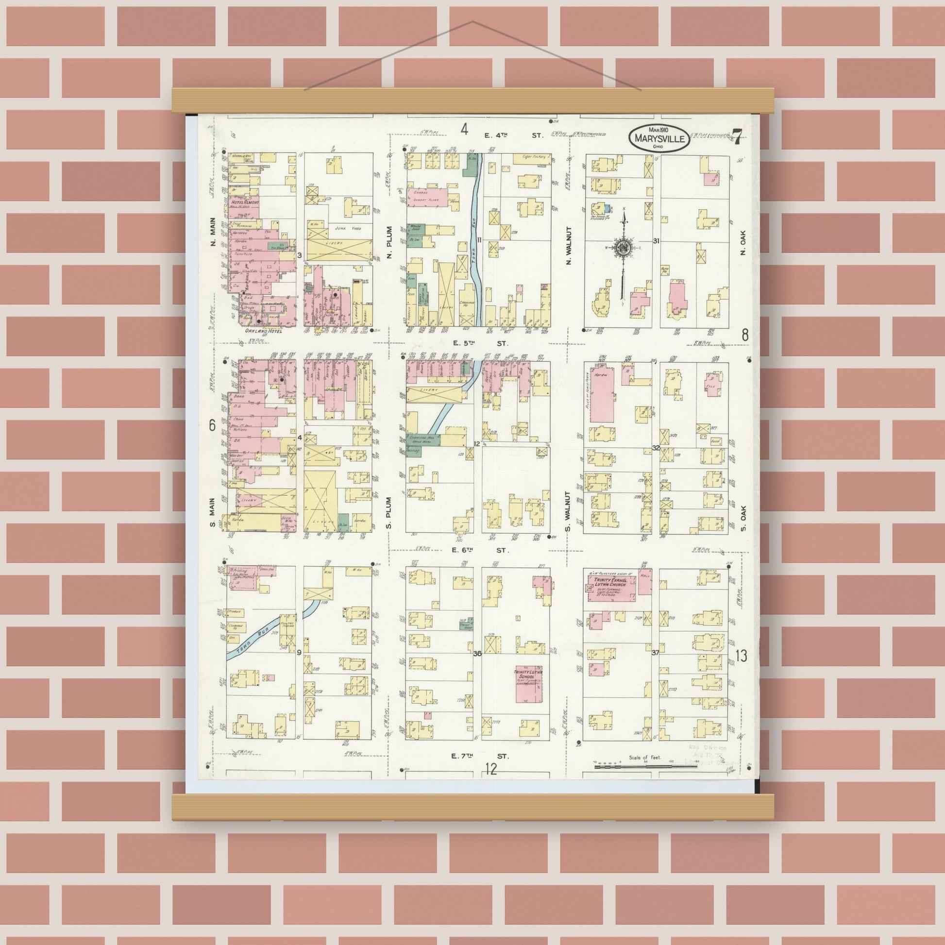 Old map wall art mockup — magnetic wood frame on brick wall — Sanborn Fire Insurance Map from Marysville, Union County, Ohio (1910), Sheet #0007