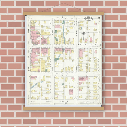 Old map wall art mockup — magnetic wood frame on brick wall — Sanborn Fire Insurance Map from Marysville, Union County, Ohio (1910), Sheet #0007
