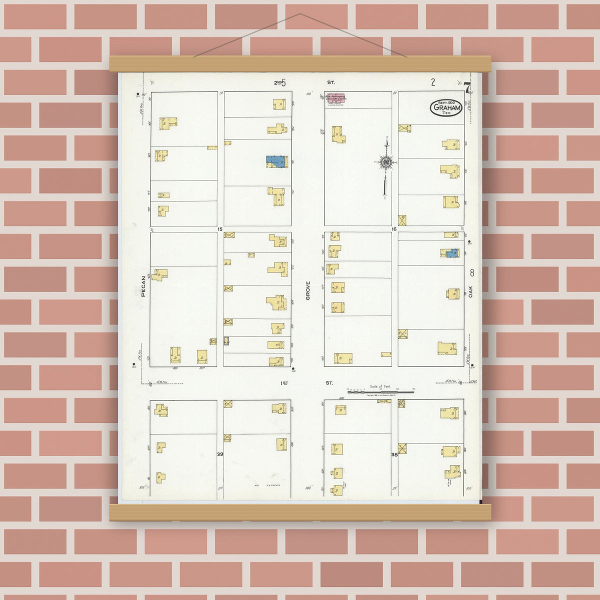 Old map wall art mockup — magnetic wood frame on brick wall — Sanborn Fire Insurance Map from Graham, Young County, Texas (1920), Sheet #0007