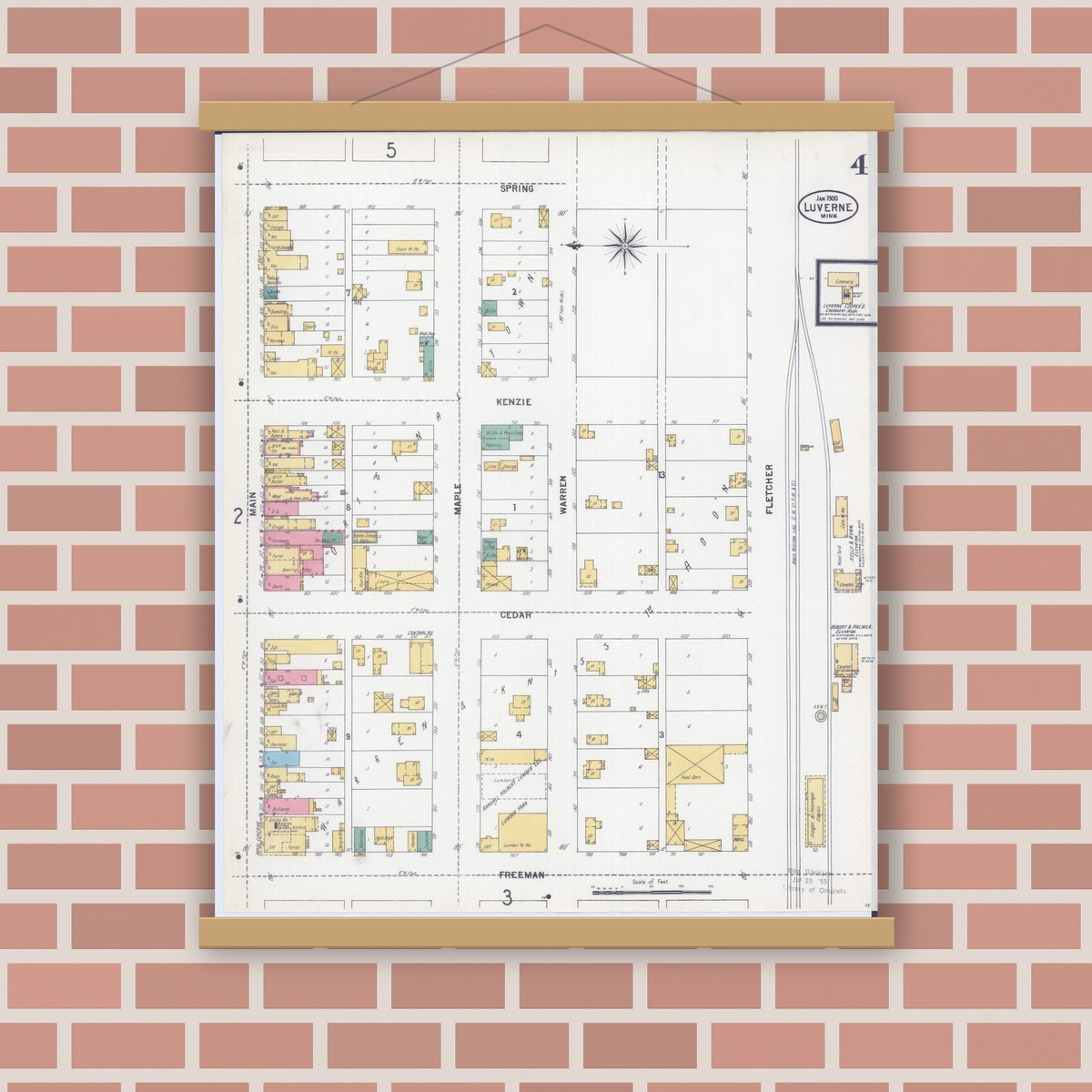 Old map wall art mockup — magnetic wood frame on brick wall — Sanborn Fire Insurance Map from Luverne, Rock County, Minnesota (1900), Sheet #0004