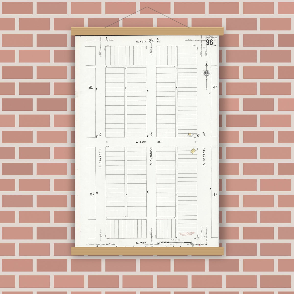 Old map wall art mockup — magnetic wood frame on brick wall — Sanborn Fire Insurance Map from Chicago, Cook County, Illinois (1920), Sheet #0096