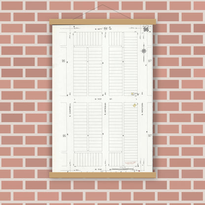 Old map wall art mockup — magnetic wood frame on brick wall — Sanborn Fire Insurance Map from Chicago, Cook County, Illinois (1920), Sheet #0096