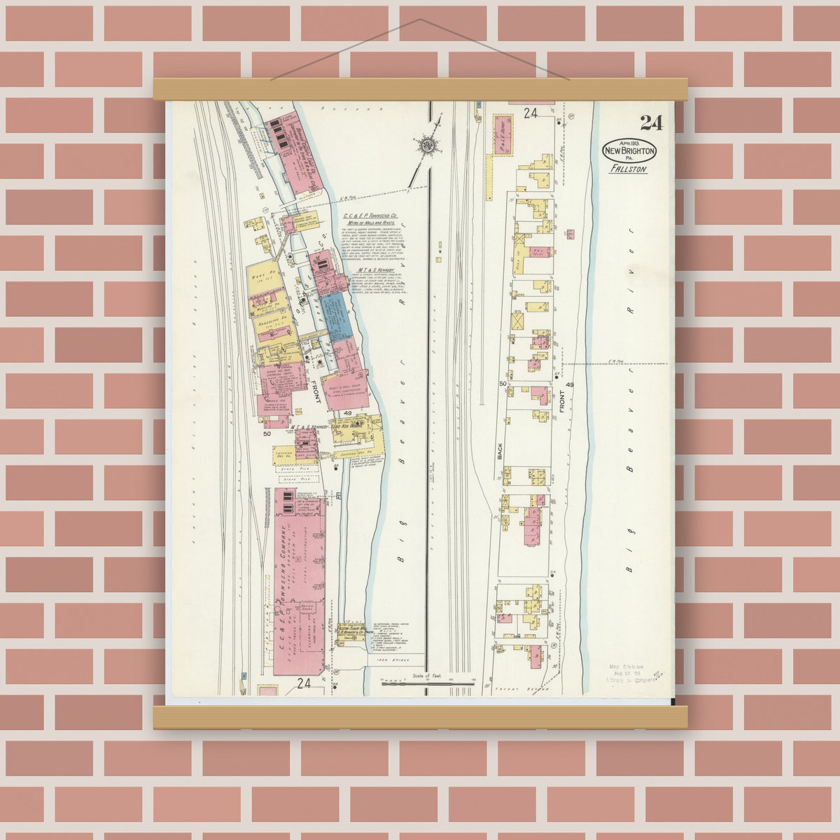 Old map wall art mockup — magnetic wood frame on brick wall — Sanborn Fire Insurance Map from New Brighton, Beaver County, Pennsylvania (1913), Sheet #0024