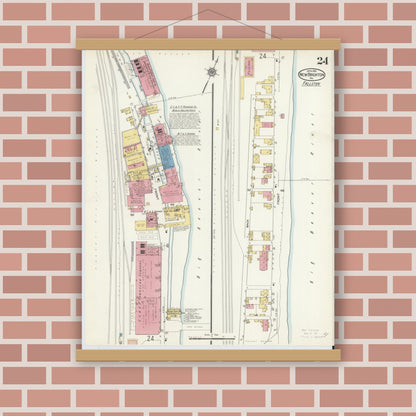 Old map wall art mockup — magnetic wood frame on brick wall — Sanborn Fire Insurance Map from New Brighton, Beaver County, Pennsylvania (1913), Sheet #0024