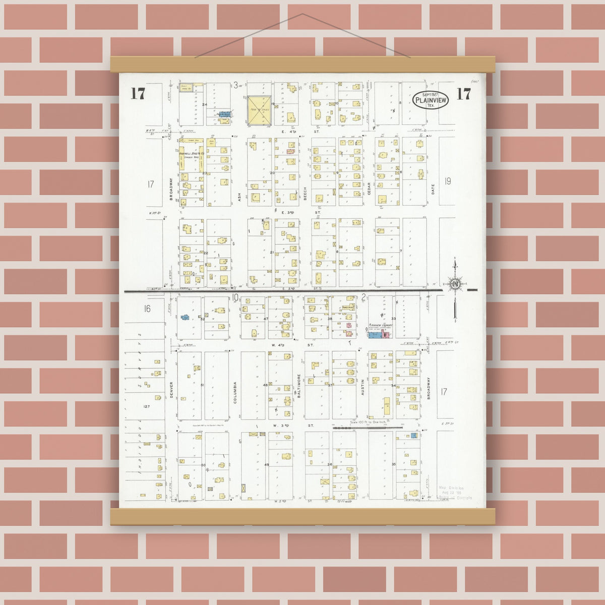 Old map wall art mockup — magnetic wood frame on brick wall — Sanborn Fire Insurance Map from Plainview, Hale County, Texas (1927), Sheet #0017