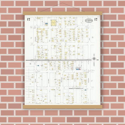 Old map wall art mockup — magnetic wood frame on brick wall — Sanborn Fire Insurance Map from Plainview, Hale County, Texas (1927), Sheet #0017