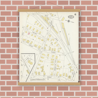 Old map wall art mockup — magnetic wood frame on brick wall — Sanborn Fire Insurance Map from Wakefield, Middlesex County, Massachusetts (1915), Sheet #0006