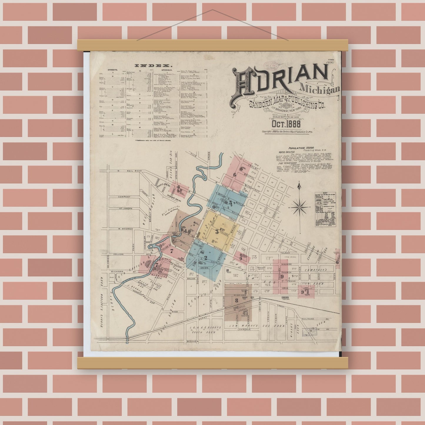 Old map wall art mockup — magnetic wood frame on brick wall — Sanborn Fire Insurance Map from Adrian, Lenawee County, Michigan (1888) - Complete Map Set