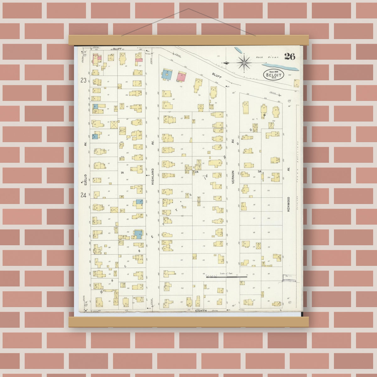 Old map wall art mockup — magnetic wood frame on brick wall — Sanborn Fire Insurance Map from Beloit, Rock County, Wisconsin (1908), Sheet #0026