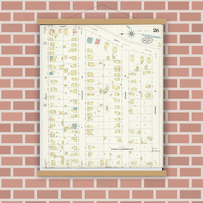 Old map wall art mockup — magnetic wood frame on brick wall — Sanborn Fire Insurance Map from Beloit, Rock County, Wisconsin (1908), Sheet #0026