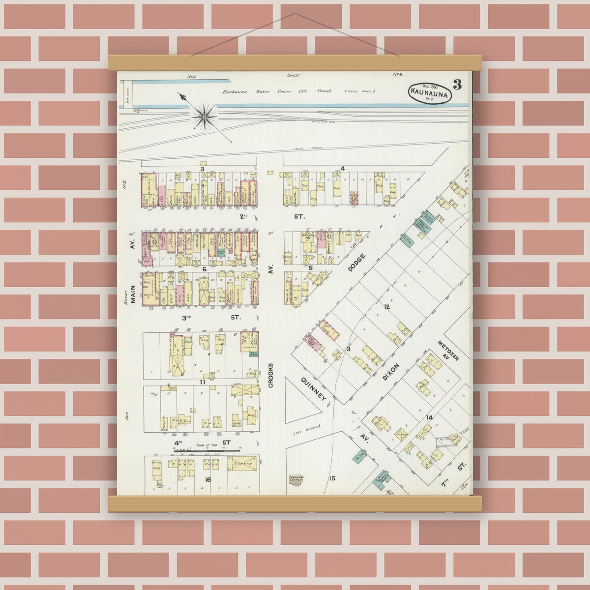 Old map wall art mockup — magnetic wood frame on brick wall — Sanborn Fire Insurance Map from Kaukauna, Outagamie County, Wisconsin (1890), Sheet #0003