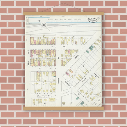 Old map wall art mockup — magnetic wood frame on brick wall — Sanborn Fire Insurance Map from Kaukauna, Outagamie County, Wisconsin (1890), Sheet #0003
