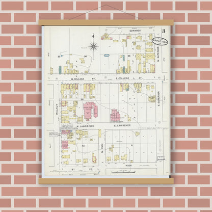 Old map wall art mockup — magnetic wood frame on brick wall — Sanborn Fire Insurance Map from Appleton, Outagamie County, Wisconsin (1891), Sheet #0003