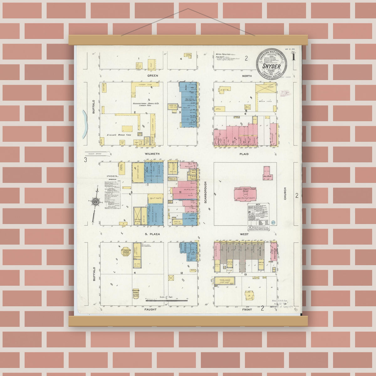 Old map wall art mockup — magnetic wood frame on brick wall — Sanborn Fire Insurance Map from Snyder, Scurry County, Texas (1911), Sheet #0001