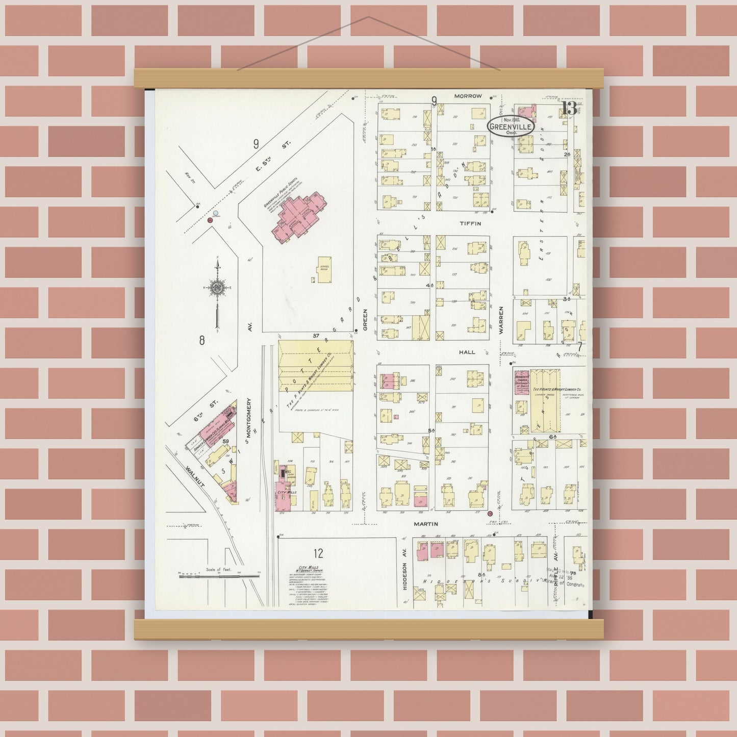 Old map wall art mockup — magnetic wood frame on brick wall — Sanborn Fire Insurance Map from Greenville, Darke County, Ohio (1910), Sheet #0013
