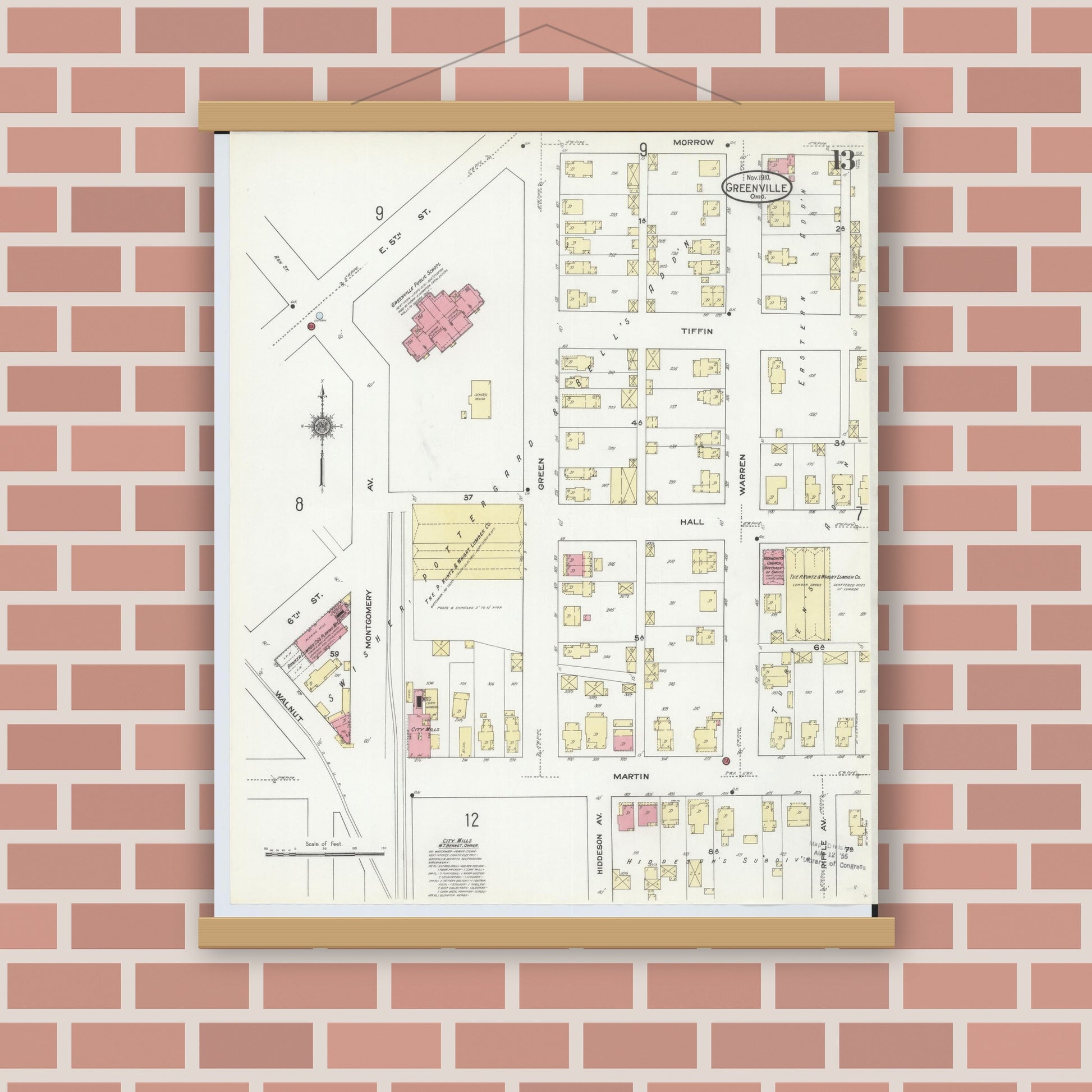 Old map wall art mockup — magnetic wood frame on brick wall — Sanborn Fire Insurance Map from Greenville, Darke County, Ohio (1910), Sheet #0013